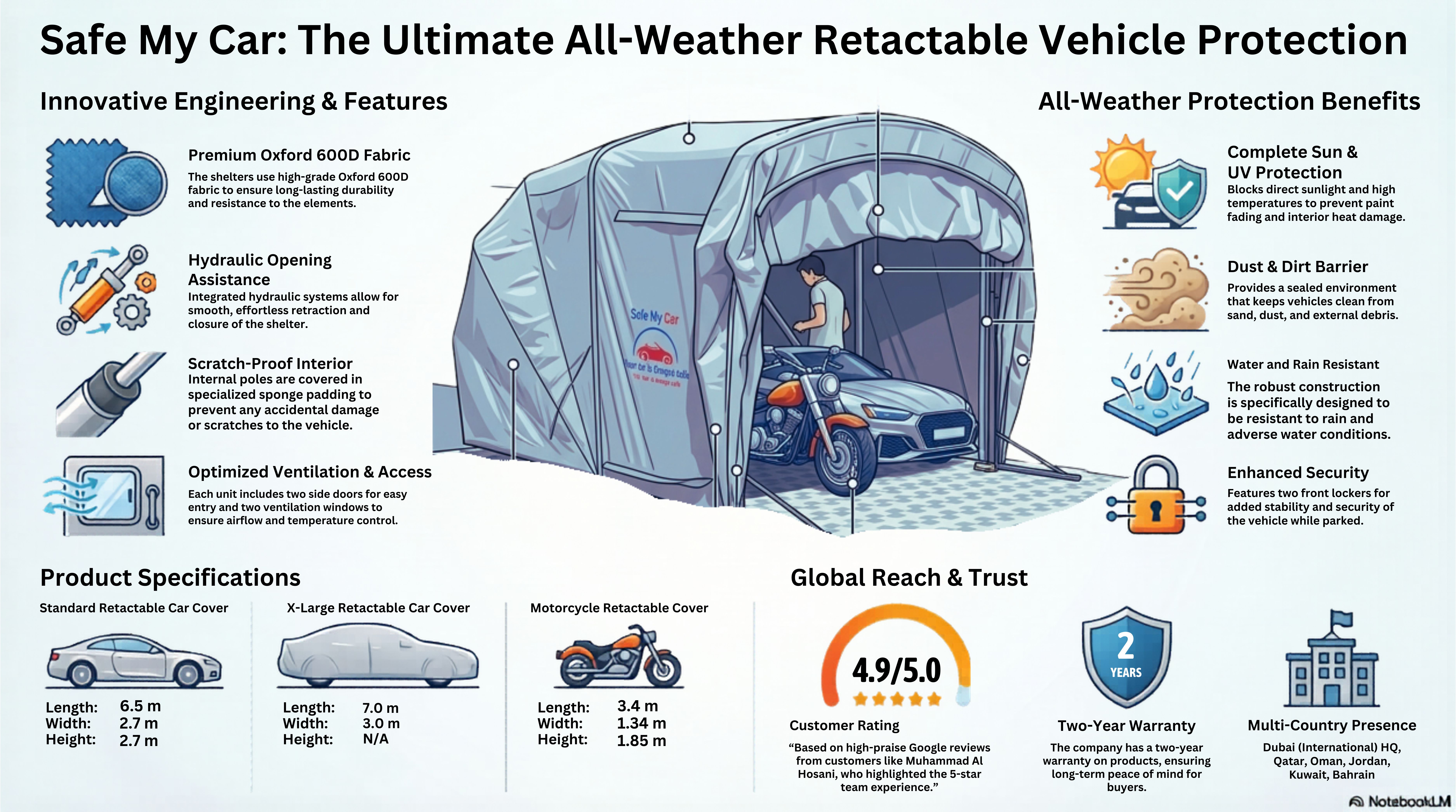 Safe My Car - The Ultimate All-Weather Retractable Vehicle Protection infographic showing features, specifications, and benefits